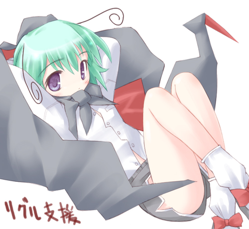 ai takurou, wriggle nightbug, touhou, lowres, 1girl, antennae, arms behind head, bare legs, cape, female focus, flat chest, green hair, legs, no nose, shorts, socks, solo, white background, white socks