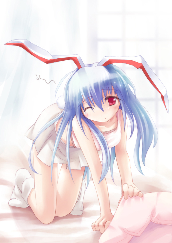 ai takurou, reisen udongein inaba, touhou, 1girl, animal ears, blue hair, casual, female focus, full body, hair between eyes, indoors, one eye closed, rabbit ears, skirt, socks, solo, wink
