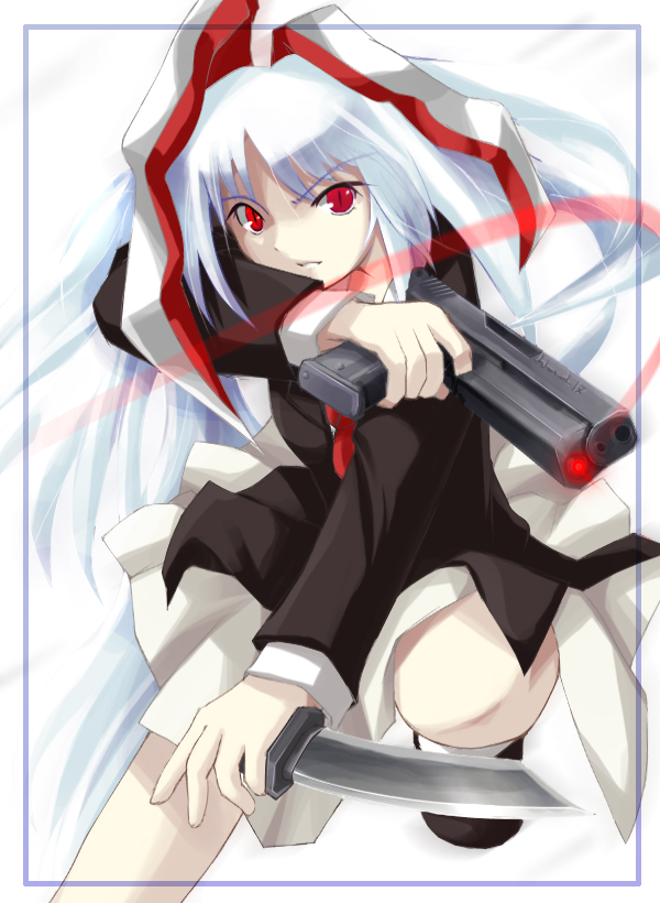 ai takurou, reisen udongein inaba, touhou, 1girl, albino, animal ears, blazer, dress, dual wielding, female focus, gun, handgun, holding, jacket, knife, laser, laser pointer projection, laser sight, long hair, pistol, rabbit ears, red eyes, serious, solo, weapon, white background, white dress, white hair