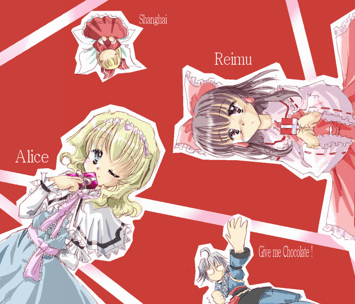 alice margatroid, hakurei reimu, morichika rinnosuke, shanghai doll, touhou, silver hair, 1boy, 2girls, ahoge, blonde hair, blue eyes, bow, box, brown eyes, brown hair, capelet, character name, clenched hand, clenched hands, detached sleeves, doll, dress, english text, glasses, hair between eyes, hair bow, hair tubes, hairband, holding, long hair, multiple girls, one eye closed, reaching, red background, ribbon, sash, short hair, skirt, skirt set, smile, upside-down, wings