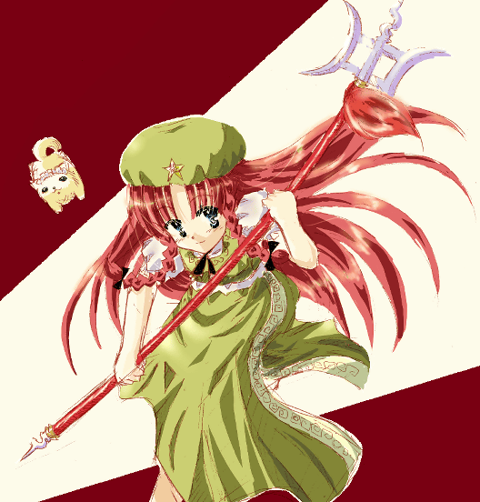 hong meiling, embodiment of scarlet devil, touhou, 1girl, blue eyes, blush, bow, braid, china dress, chinese clothes, dog, dress, female focus, hair bow, hat, polearm, red hair, smile, solo, spear, star (symbol), twin braids, weapon