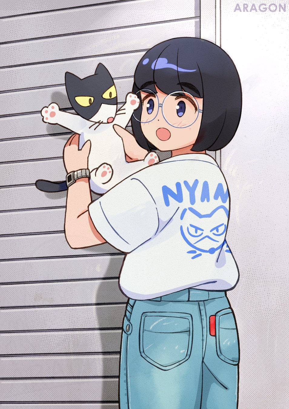 aragon honnin, original, highres, 1girl, animal, black eyes, black hair, blush, cat, denim, from behind, glasses, grey-framed eyewear, holding, holding animal, jeans, looking at viewer, open mouth, pants, round eyewear, shirt, short hair, short sleeves, t-shirt, watch, wristwatch