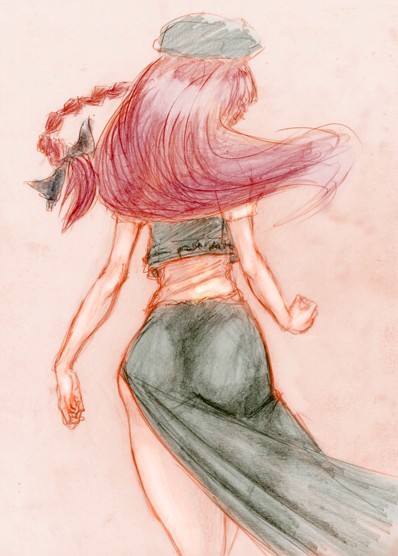hong meiling, embodiment of scarlet devil, touhou, 1girl, bow, braid, china dress, chinese clothes, dress, female focus, from behind, hair bow, hat, long hair, red hair, solo, tight clothes