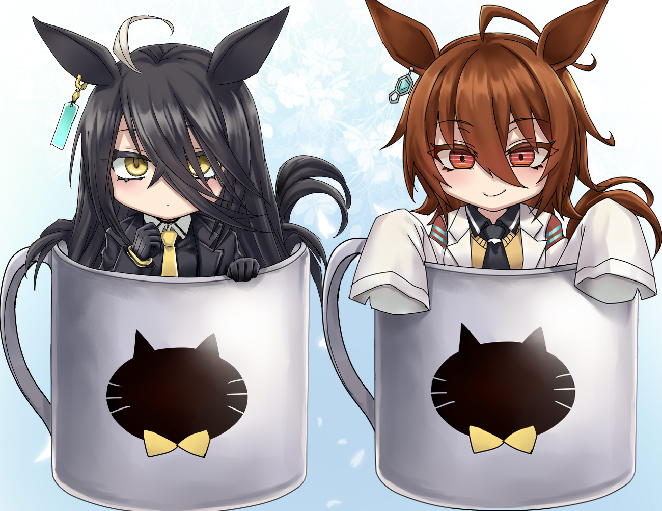 minarai, agnes tachyon (umamusume), manhattan cafe (umamusume), umamusume, 2girls, ahoge, animal ears, black gloves, black hair, black jacket, black shirt, brown eyes, brown hair, chibi, closed mouth, collared shirt, cup, gloves, hair over one eye, hands up, horse ears, horse girl, horse tail, in container, in cup, jacket, lab coat, long hair, long sleeves, mini person, minigirl, mug, multicolored hair, multiple girls, necktie, open clothes, open jacket, shirt, sleeves past fingers, sleeves past wrists, smile, sweater vest, tail, two-tone hair, white hair, yellow necktie