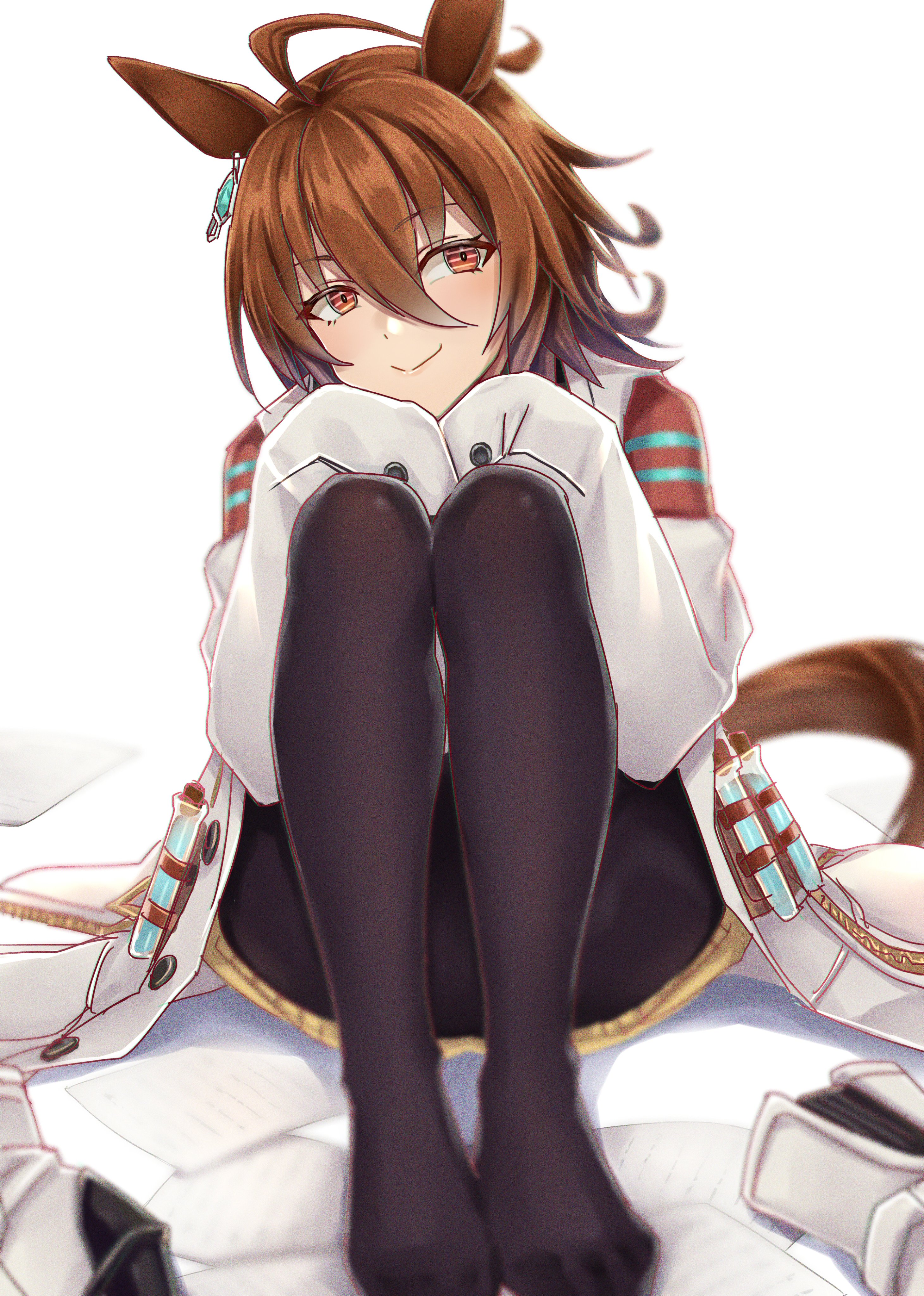 minarai, agnes tachyon (umamusume), umamusume, absurdres, highres, 1girl, ahoge, animal ears, black pantyhose, brown hair, chemical structure, coat, earrings, hair between eyes, head rest, horse ears, horse girl, horse tail, jewelry, knees to chest, knees up, lab coat, legs, long sleeves, medium hair, no shoes, on floor, open clothes, open coat, pantyhose, paper, red eyes, shoes, sidelocks, simple background, single earring, sitting, sleeves past fingers, sleeves past wrists, smile, solo, tail, test tube, unworn shoes, white background, white coat, white shoes