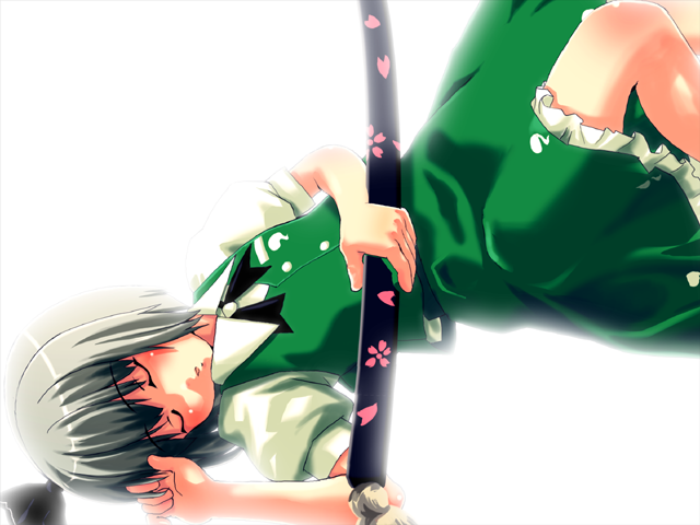 konpaku youmu, touhou, 1girl, closed eyes, dress, female focus, green dress, grey hair, lying, puffy sleeves, scabbard, sheath, short hair, simple background, sleeping, solo, white background