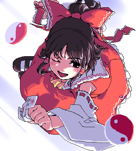 hakurei reimu, touhou, lowres, 1girl, ;d, ascot, blush stickers, brown eyes, brown hair, detached sleeves, dress, female focus, long hair, necktie, oekaki, ofuda, one eye closed, open mouth, red dress, smile, solo, white background, yin yang