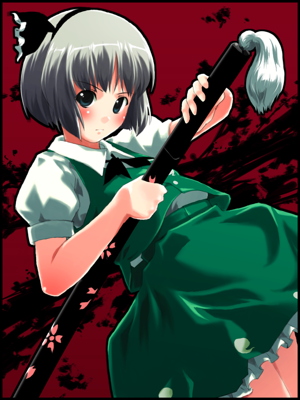 konpaku youmu, touhou, 1girl, black hairband, blush, dress, female focus, green dress, green eyes, grey hair, hairband, red background, scabbard, serious, sheath, short hair, solo