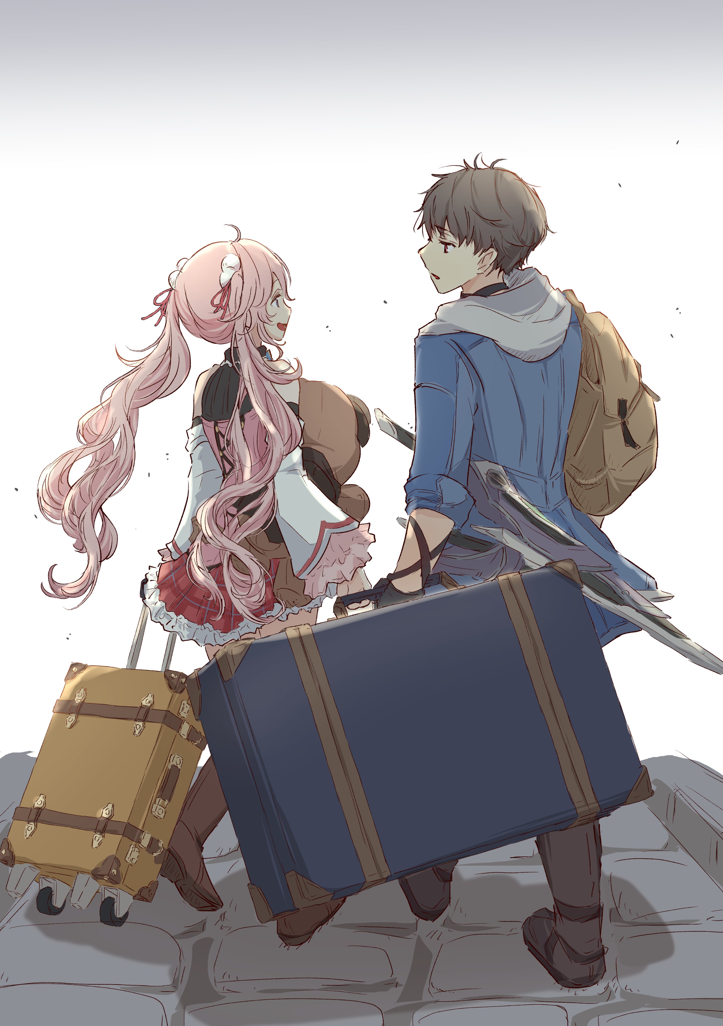 polly (cott), nadia rayne, swin abel, eiyuu densetsu, hajimari no kiseki, absurdres, highres, 1boy, 1girl, ahoge, backpack, bag, blue eyes, boots, brown hair, choker, dress, floating hair, gloves, gradient background, holding, holding stuffed toy, holding suitcase, hood, hoodie, jacket, long hair, open mouth, pink hair, red eyes, rolling suitcase, short hair, simple background, smile, stuffed animal, stuffed toy, suitcase, sword, teddy bear, twintails, weapon