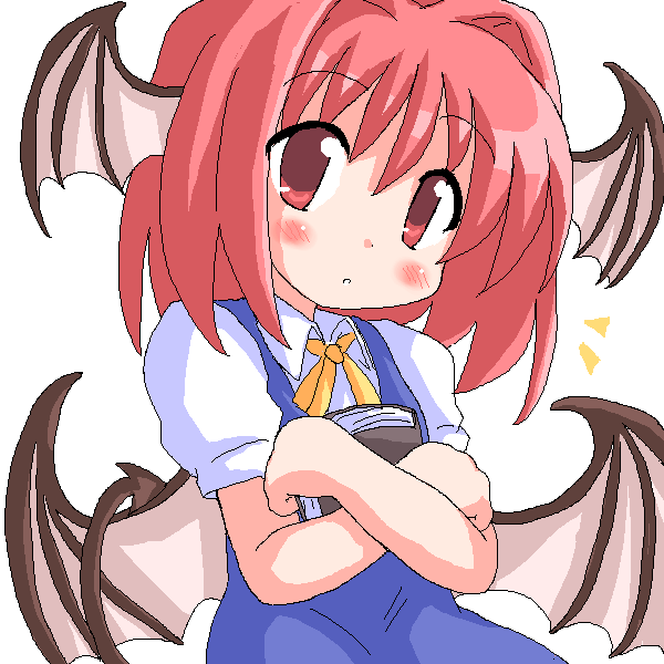 geetsu, daiyousei, koakuma, embodiment of scarlet devil, touhou, 1girl, alternate costume, bat wings, book, cosplay, daiyousei (cosplay), female focus, head wings, holding, holding book, hugging book, hugging object, red eyes, red hair, simple background, solo, wings