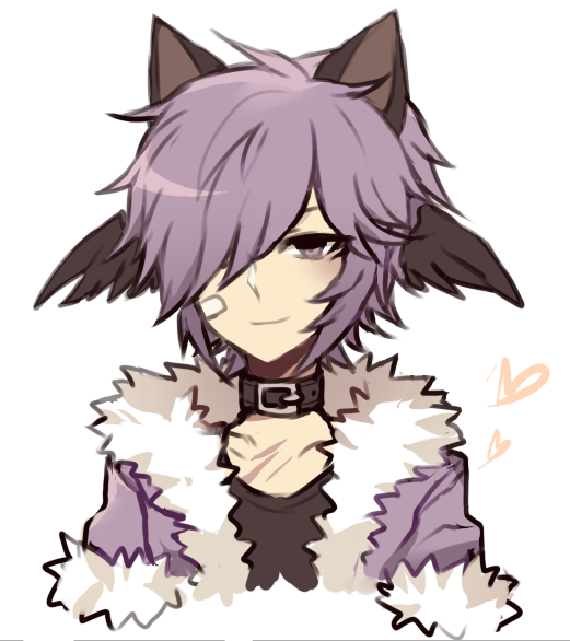 stalker (ragnarok online), ragnarok online, 1boy, animal ears, astrarunia, bandaid, bandaid on cheek, bandaid on face, black shirt, black wings, cat boy, cat ears, closed mouth, feathered wings, fur-trimmed jacket, fur trim, hair over one eye, head wings, heart, jacket, looking at viewer, male focus, purple eyes, purple hair, purple jacket, shirt, short hair, simple background, smile, solo, upper body, white background, wings