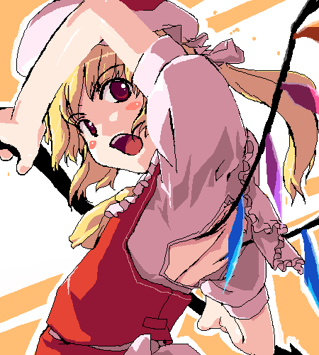 flandre scarlet, touhou, lowres, 1girl, ascot, back cutout, blonde hair, blush, clothing cutout, crystal, demon wings, dress, female focus, hat, laevatein, mob cap, oekaki, open mouth, pixel art, red eyes, side ponytail, solo, teeth, vampire, wings