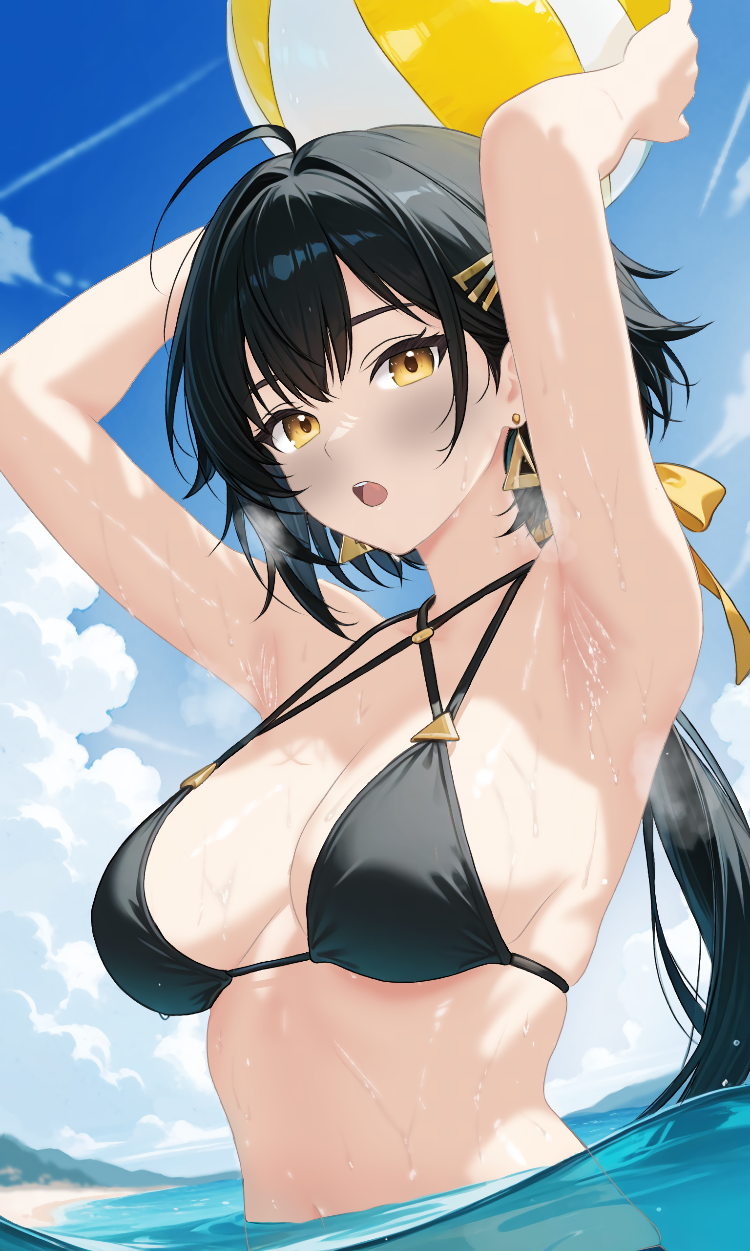 lewd chan, female rover (wuthering waves), rover (wuthering waves), wuthering waves, absurdres, commentary, english commentary, highres, 1girl, alternate costume, armpit focus, armpits, arms up, ball, beachball, bikini, black bikini, black hair, breasts, breasts apart, breath, earrings, hair ornament, hair ribbon, hairclip, holding, holding ball, holding beachball, jewelry, large breasts, long hair, looking at viewer, low ponytail, ocean, open mouth, outdoors, partially submerged, ponytail, ribbon, solo, swimsuit, triangle earrings, wet, yellow eyes, yellow ribbon