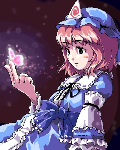 saigyouji yuyuko, touhou, lowres, 1girl, black background, female focus, hat, oekaki, simple background, solo, triangular headpiece