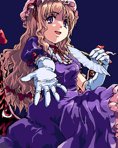 yakumo yukari, touhou, lowres, 1girl, blonde hair, female focus, folding fan, gap (touhou), gloves, hand fan, hat, mob cap, oekaki, outstretched arm, solo, white gloves