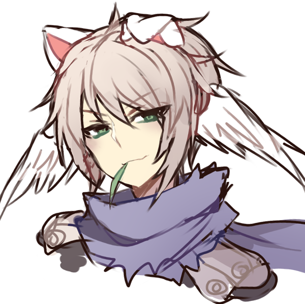 assassin cross (ragnarok online), ragnarok online, 1boy, animal ears, armor, astrarunia, blue scarf, closed mouth, dog boy, dog ears, feathered wings, green eyes, grey hair, head wings, leaf in mouth, looking at viewer, male focus, pauldrons, portrait, scarf, short hair, shoulder armor, simple background, smile, solo, upper body, v-shaped eyebrows, white background, white wings, wings