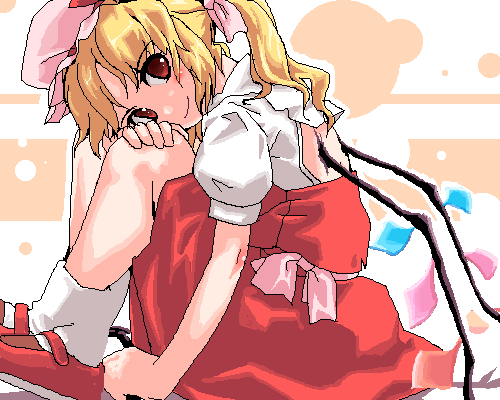 flandre scarlet, touhou, lowres, 1girl, blonde hair, crystal, demon wings, dress, female focus, hat, laevatein, looking at viewer, mob cap, oekaki, pixel art, red dress, red eyes, red shoes, shoes, side ponytail, smile, socks, solo, vampire, wings