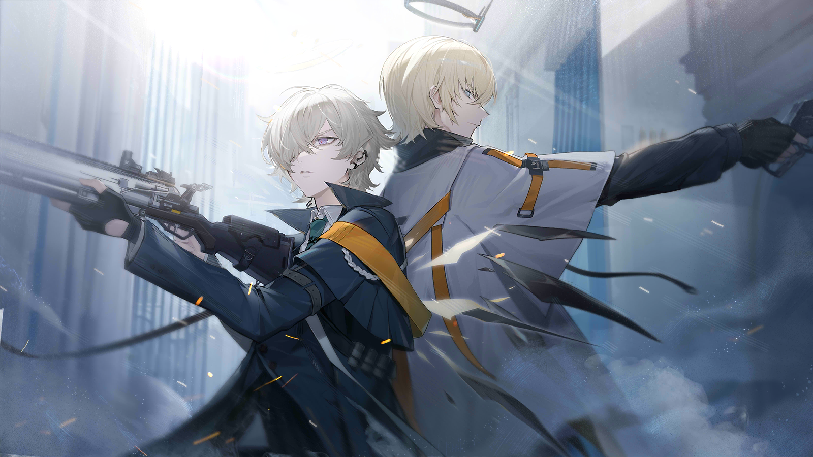 enforcer (arknights), executor (arknights), arknights, game cg, highres, official art, third-party source, 2boys, back-to-back, battle, bishounen, black gloves, black wings, blonde hair, blue coat, blue eyes, closed mouth, coat, crystal wings, detached wings, energy wings, fingerless gloves, from below, from side, gloves, green necktie, gun, halo, holding, holding gun, holding weapon, jacket, long sleeves, looking at viewer, male focus, multiple boys, necktie, outdoors, parted lips, profile, purple eyes, short hair, upper body, weapon, white jacket, wings