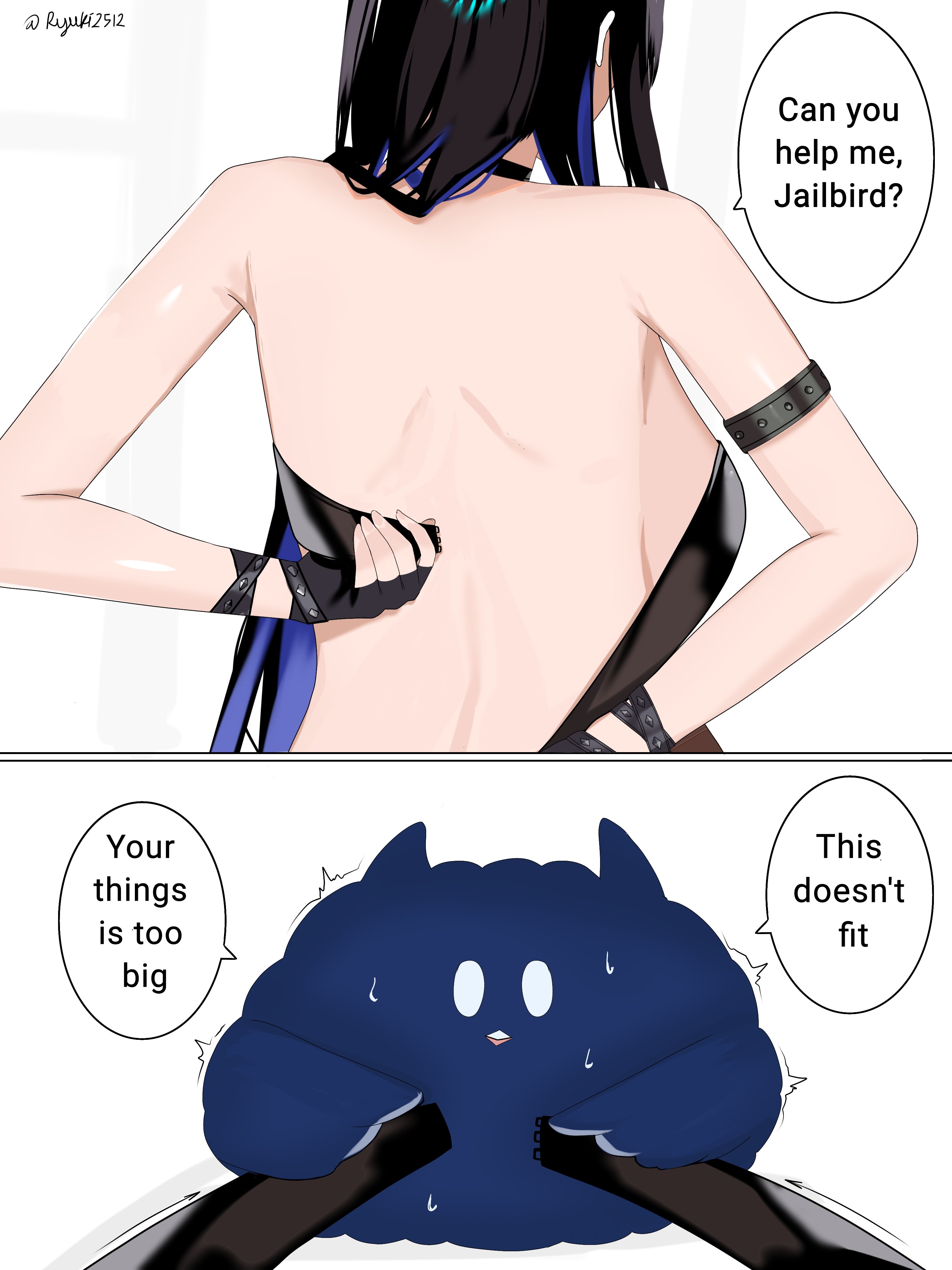 ryuuki (artist), jailbird (nerissa ravencroft), nerissa ravencroft, nerissa ravencroft (holonatsu paradise), hololive, hololive english, absurdres, commentary, english commentary, highres, 1girl, arm strap, black hair, blue hair, colored inner hair, dressing another, english text, from behind, long hair, multicolored hair, speech bubble, sweat, virtual youtuber, white background