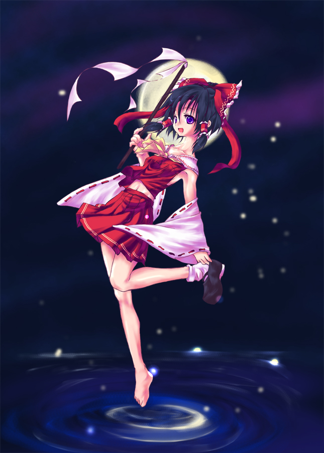 hakurei reimu, touhou, 1girl, armpits, female focus, gohei, japanese clothes, miko, moon, navel, night, night sky, pleated skirt, red skirt, skirt, sky, solo