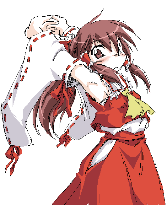 hakurei reimu, touhou, 1girl, armpits, arms up, blush, brown eyes, brown hair, cowboy shot, detached sleeves, dress, female focus, hair tubes, interlocked fingers, long hair, no nose, red dress, simple background, solo, stretching, white background
