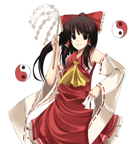 hakurei reimu, touhou, lowres, 1girl, ascot, bare shoulders, black eyes, black hair, bow, detached sleeves, dress, female focus, frilled bow, frilled hair tubes, frilled shirt collar, frills, gohei, hair bow, hair tubes, long hair, long sleeves, ofuda, oonusa, red bow, red dress, red ribbon, ribbon, ribbon-trimmed sleeves, ribbon trim, sarashi, simple background, sleeveless, sleeveless dress, smile, solo, white background, white sleeves, wide sleeves, yellow ascot, yin yang