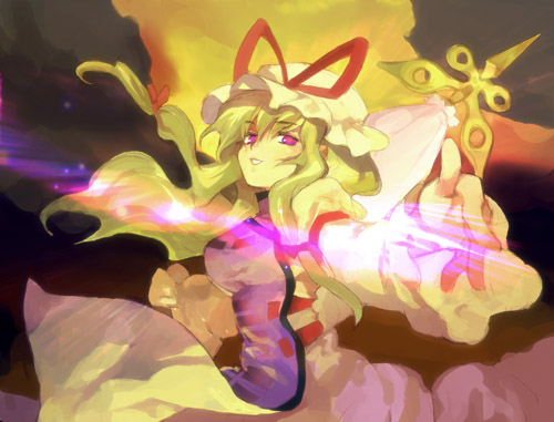 2no, ninomoto, yakumo yukari, touhou, duplicate, lowres, 1girl, blonde hair, breasts, closed umbrella, dress, female focus, gap (touhou), grin, hat, hat ribbon, juliet sleeves, long hair, long sleeves, looking at viewer, mob cap, pink eyes, pointing, pointing at viewer, puffy sleeves, purple eyes, ribbon, smile, solo, tabard, umbrella, white dress, white hat