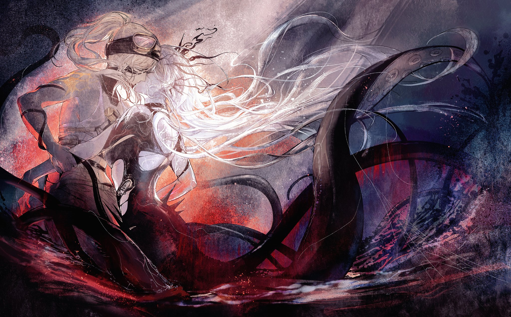 pylgia (path to nowhere), vanilla (path to nowhere), path to nowhere, highres, blonde hair, card0lotus, closed eyes, grabbing another's arm, high ponytail, kiss, long hair, ponytail, tentacles, very long hair, white background, white hair