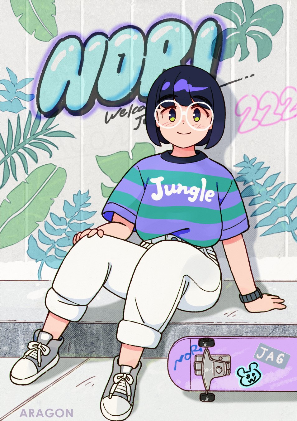 aragon honnin, original, highres, 1girl, arm support, black hair, blush, glasses, green eyes, green shirt, grey shoes, hand on own knee, looking at viewer, multicolored shirt, pants, purple shirt, raised curb, round eyewear, shirt, shoes, short sleeves, sitting, skateboard, smile, solo, striped clothes, striped shirt, t-shirt, watch, white-framed eyewear, white pants, wristwatch
