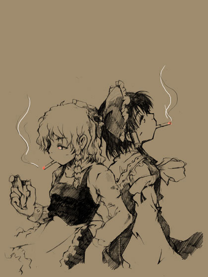 hakurei reimu, kirisame marisa, touhou, 2girls, cigarette, female focus, monochrome, multiple girls, smoking