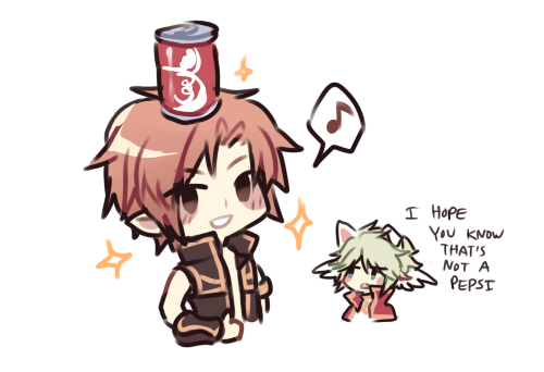 high wizard (ragnarok online), priest (ragnarok online), coca-cola, ragnarok online, lowres, 2boys, animal ears, astrarunia, brown coat, brown eyes, can, can on head, chibi, chibi only, coat, dog boy, dog ears, drink can, english text, green hair, looking at another, looking at viewer, multiple boys, musical note, open mouth, pink hair, pointy ears, short hair, simple background, smile, soda can, spoken musical note, upper body, white background