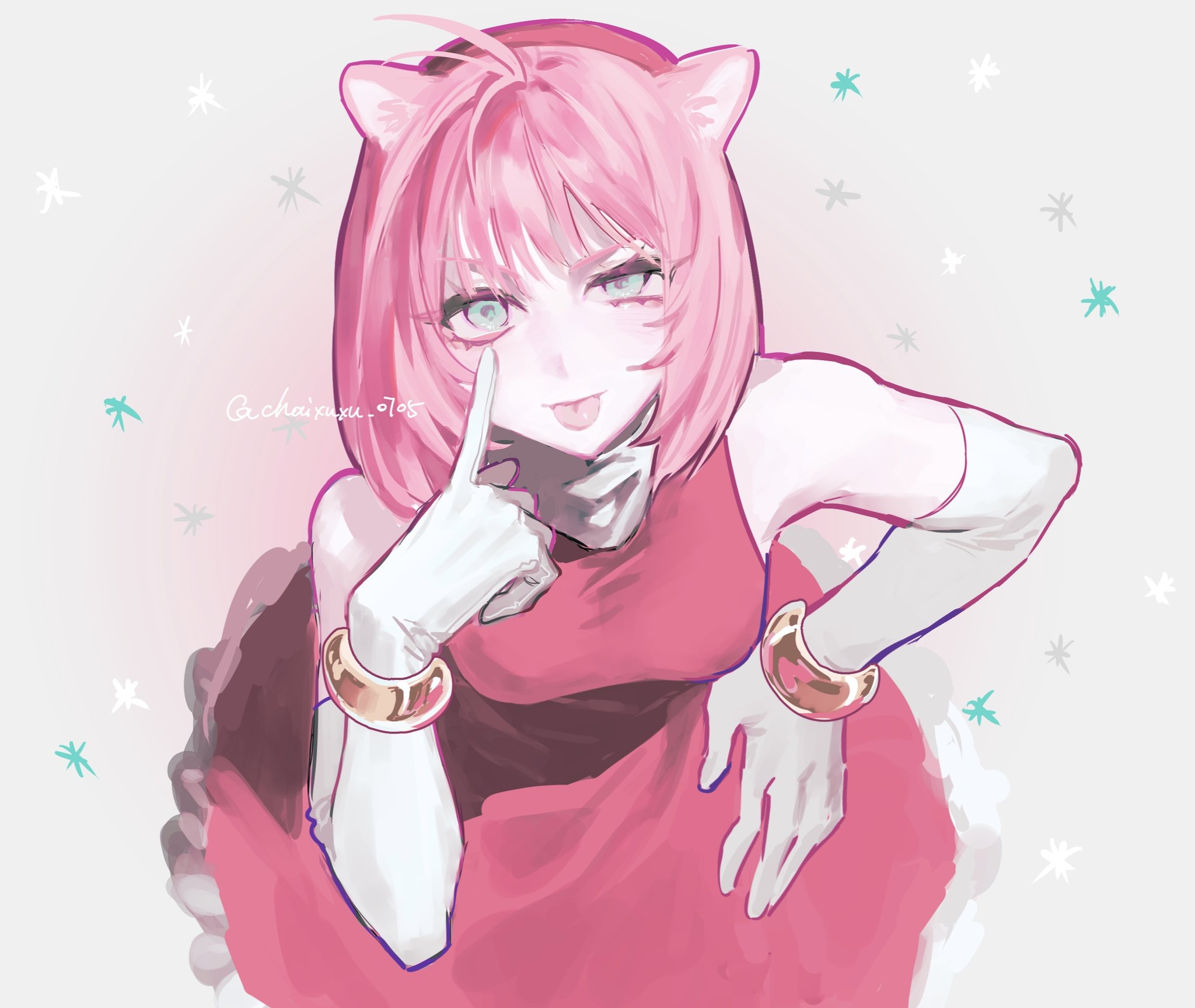 chaixuxu 0705, amy rose, sonic (series), sonic the hedgehog (classic), highres, 1girl, akanbe, animal ears, bracelet, dress, elbow gloves, eyelid pull, gloves, gold bracelet, green eyes, hairband, hand on own hip, humanization, jewelry, leaning forward, pink hair, red dress, red hairband, tongue, tongue out, white gloves