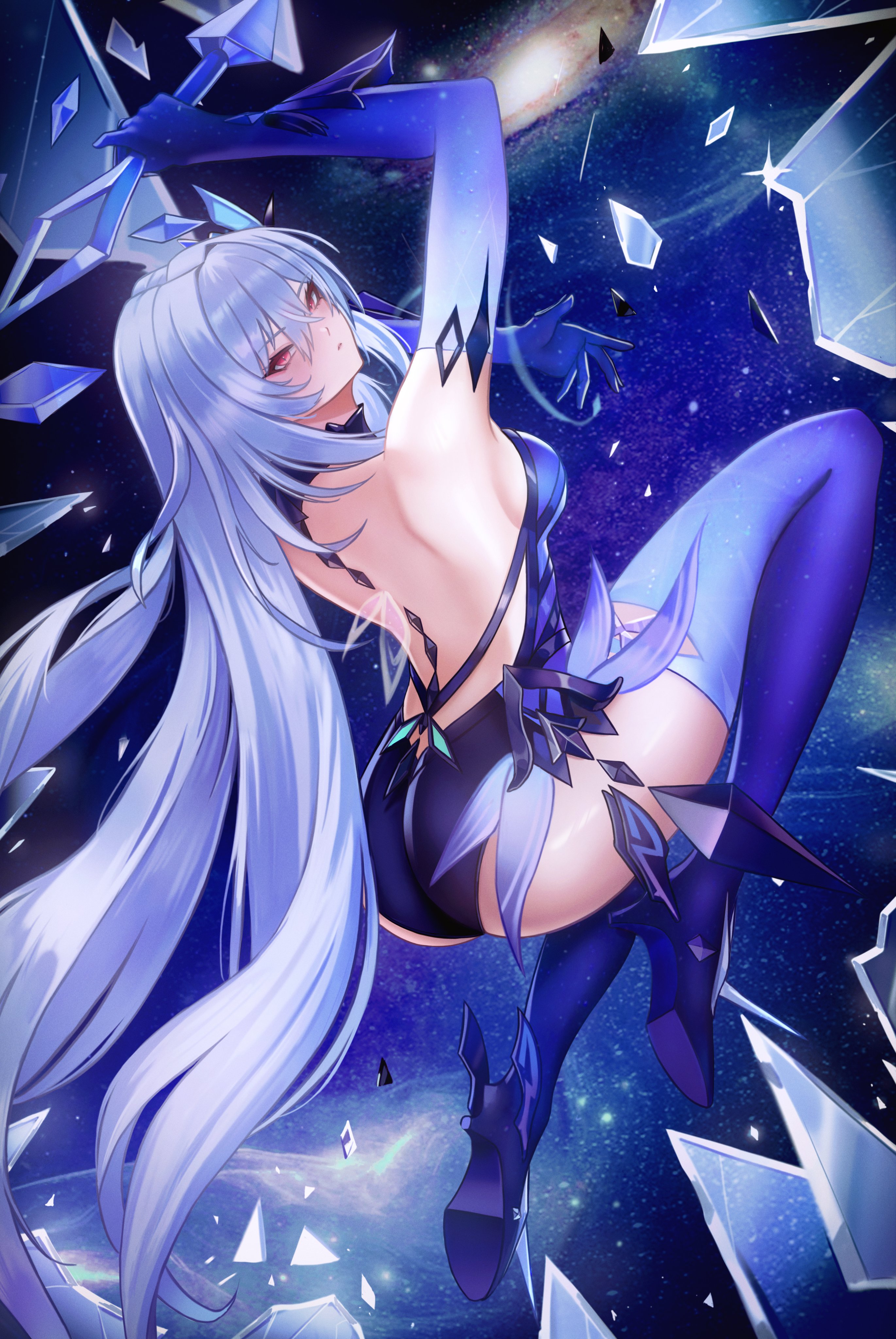 puppnet, skirk (genshin impact), genshin impact, 1girl, ass, bare shoulders, blue hair, blush, boots, breasts, crystal, crystal shards, elbow gloves, from behind, gloves, hair ornament, high heel boots, high heels, long hair, looking at viewer, medium breasts, short shorts, shorts, sideboob, solo, thighhighs, very long hair