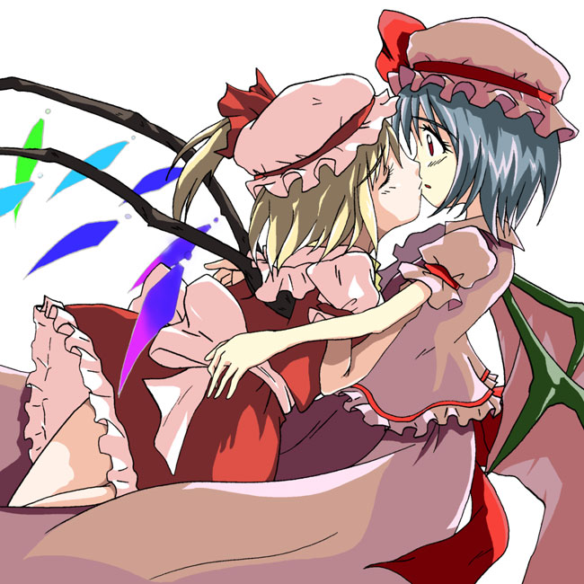 flandre scarlet, remilia scarlet, touhou, 2girls, bat wings, blonde hair, blue hair, bow, closed eyes, female focus, frilled shirt, frilled skirt, frills, hat, hat ribbon, imminent kiss, incest, kiss, long skirt, mob cap, multiple girls, open mouth, pink hat, pink skirt, puffy short sleeves, puffy sleeves, red eyes, red ribbon, ribbon, sash, shirt, short hair, short sleeves, siblings, simple background, sisters, skirt, white background, white bow, wings, yuri