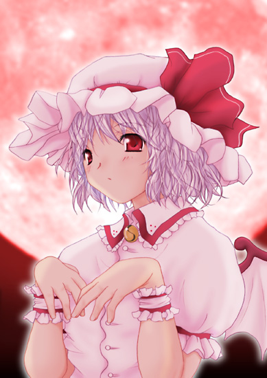 remilia scarlet, touhou, light purple hair, 1girl, bat wings, female focus, full moon, hat, hat ribbon, moon, pink hat, red eyes, red moon, ribbon, short hair, solo, wings, wrist cuffs