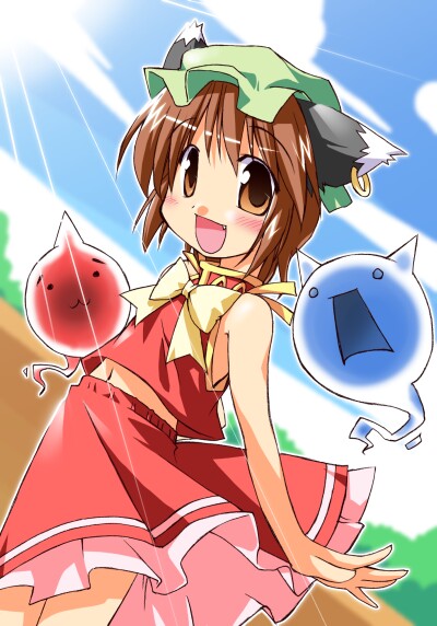 toto nemigi, chen, touhou, 1girl, animal ears, blue sky, blush, brown eyes, brown hair, cat ears, cat girl, earrings, fang, female focus, happy, hat, jewelry, navel, short hair, sky, smile, solo, sunlight