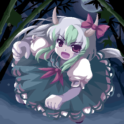 deeptake (artist), fukaiton, ex-keine, kamishirasawa keine, touhou, lowres, 1girl, female focus, full moon, horn ornament, horn ribbon, horns, moon, oekaki, outdoors, ribbon, sky, solo