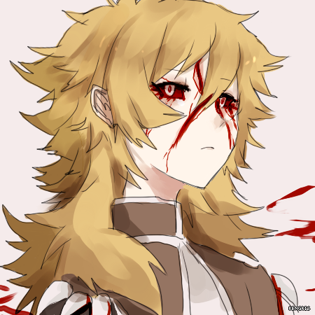creator (ragnarok online), ragnarok online, commentary, english commentary, lowres, second-party source, 1boy, artist name, blonde hair, blood, blood on face, closed mouth, colored sclera, expressionless, grey background, hair between eyes, long hair, looking at viewer, male focus, red sclera, rengris, simple background, solo, upper body