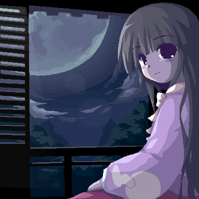fukaiton, houraisan kaguya, touhou, lowres, 1girl, black hair, blunt bangs, blush stickers, cloud, dress, female focus, full moon, long hair, long sleeves, looking at viewer, moon, night, oekaki, pixel art, ribbon, smile, solo, very long hair