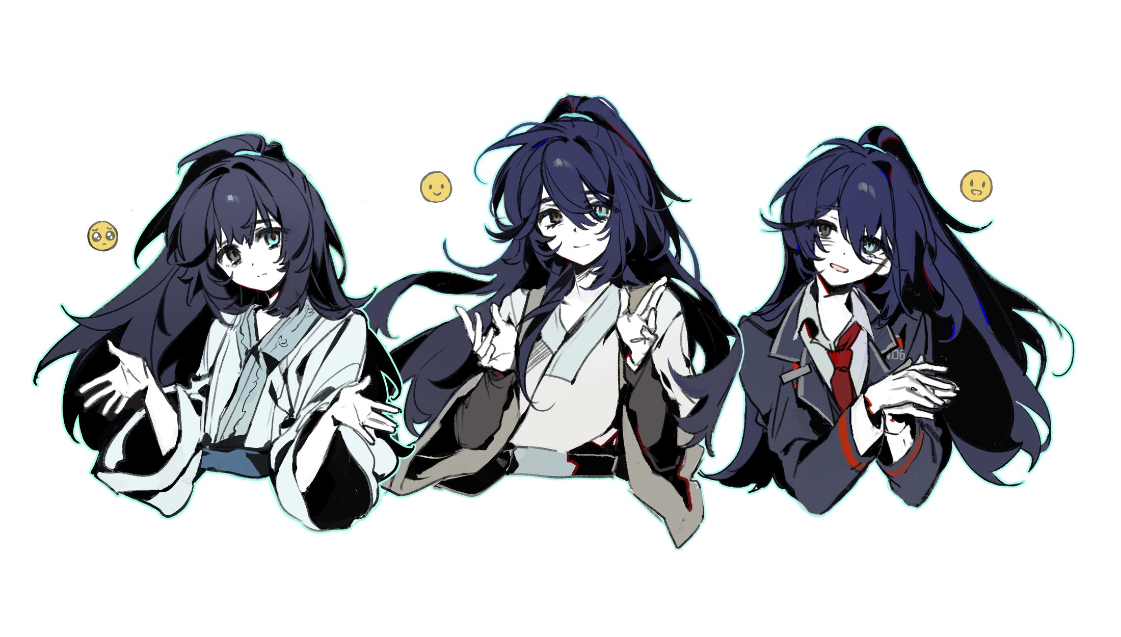 hong lu (project moon), limbus company, project moon, highres, 1boy, 66167e3d, black coat, black eyes, black hair, blue eyes, chinese clothes, coat, collared shirt, emoji, grey coat, hanfu, heterochromia, high ponytail, long hair, long sleeves, looking at viewer, male focus, multiple views, necktie, ponytail, red necktie, shirt, simple background, solo, upper body, very long hair, white background, white hanfu, white shirt