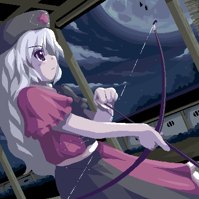 fukaiton, yagokoro eirin, touhou, lowres, 1girl, bow (weapon), female focus, holding, holding bow (weapon), holding weapon, oekaki, solo, star (sky), weapon