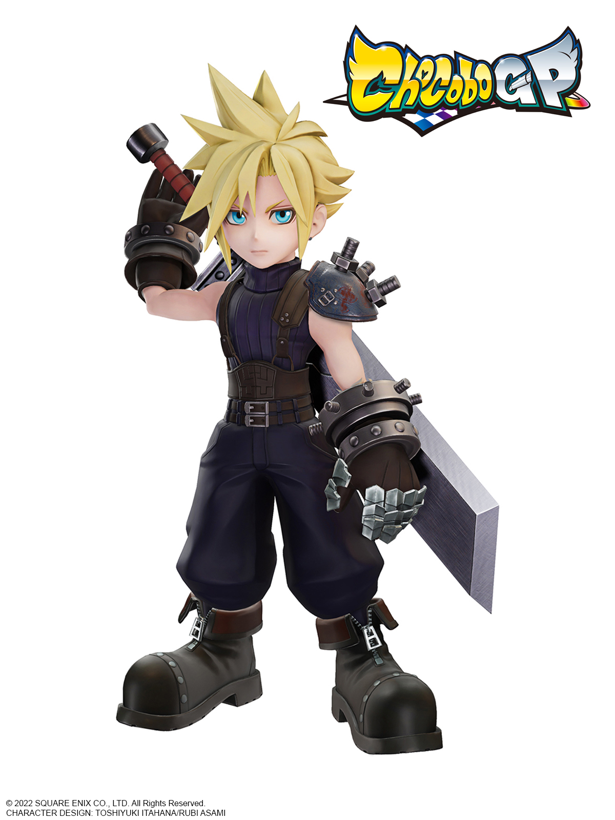 cloud strife, final fantasy, final fantasy vii, final fantasy vii remake, square enix, highres, official art, 1boy, aqua eyes, armor, armored gloves, baggy pants, belt, black boots, black pants, blonde hair, blue shirt, boots, brown belt, brown gloves, buster sword, chocobo gp, full body, gloves, holding, holding sword, holding weapon, male focus, multiple belts, pants, pauldrons, shirt, short hair, shoulder armor, single bare shoulder, single pauldron, sleeveless, sleeveless turtleneck, solo, spiked hair, suspenders, sword, turtleneck, weapon, weapon on back, white background