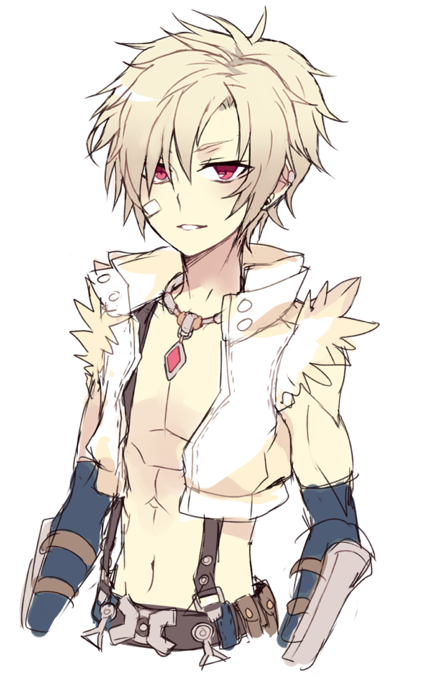 whitesmith (ragnarok online), ragnarok online, 1boy, astrarunia, bandaid, bandaid on cheek, bandaid on face, belt, black belt, blue gloves, crop top, elbow gloves, fur-trimmed shirt, fur trim, gloves, grey hair, grin, jewelry, looking at viewer, male focus, navel, necklace, open clothes, open shirt, red eyes, shirt, short hair, simple background, sleeveless, sleeveless shirt, smile, solo, suspenders, toned, toned male, upper body, vambraces, white background, white shirt