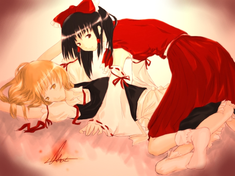 hakurei reimu, kirisame marisa, touhou, 2girls, female focus, multiple girls, socks, yuri