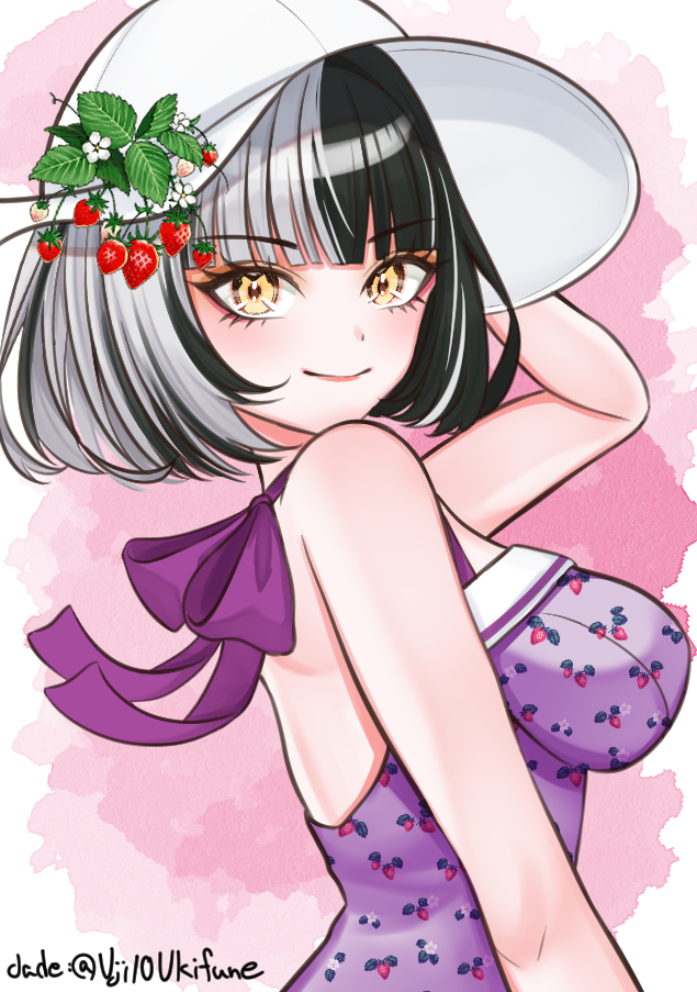 uji10ukifune, shiori novella, hololive, hololive english, commentary request, 1girl, black hair, dress, food, fruit, grey hair, hat, looking at viewer, medium hair, multicolored hair, purple dress, purple ribbon, ribbon, solo, split-color hair, strawberry, sun hat, two-tone hair, virtual youtuber, white hat, yellow eyes