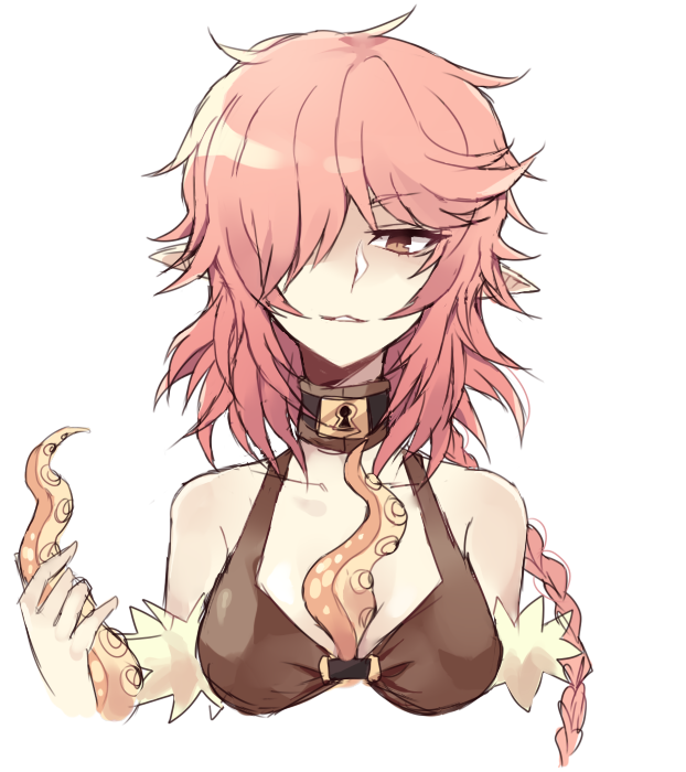 stalker (ragnarok online), ragnarok online, 1girl, astrarunia, breasts, brown eyes, brown tank top, cleavage, hair over one eye, holding tentacle, lock, long hair, looking at viewer, medium breasts, padlock, pink hair, pointy ears, simple background, smile, solo, tank top, upper body, white background