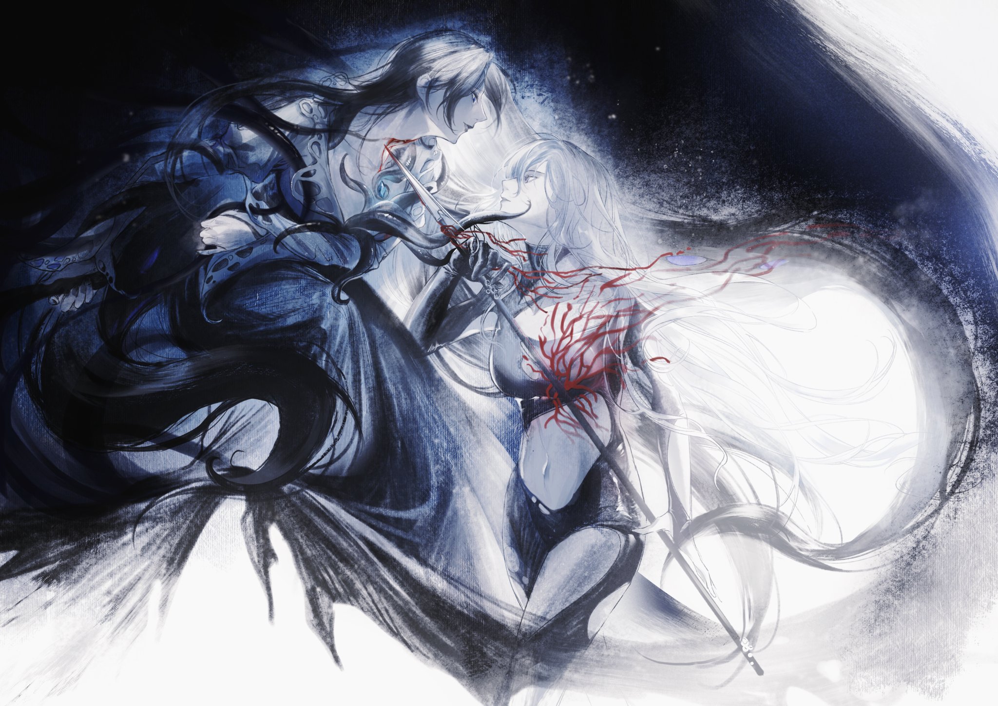 pylgia (path to nowhere), shin (path to nowhere), path to nowhere, highres, 2girls, black hair, card0lotus, floating, holding, holding polearm, holding weapon, multiple girls, polearm, standing, tentacles, weapon, white hair