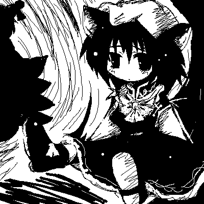 chen, touhou, lowres, 1girl, animal ears, cat ears, cat girl, chibi, chibi only, female focus, greyscale, hat, monochrome, oekaki, sitting, solo