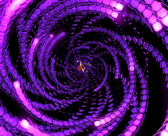 hakurei reimu, touhou, 1girl, black background, bow, danmaku, dress, female focus, gohei, purple theme, red dress, solo