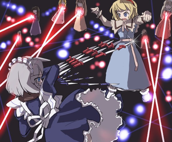 hirosato, alice margatroid, izayoi sakuya, perfect cherry blossom, touhou, white legwear, 2girls, apron, blonde hair, blue dress, blue eyes, capelet, danmaku, doll, dress, female focus, gameplay mechanics, grey hair, hairband, knife, maid headdress, multiple girls, no shoes, red hairband, sash, short hair, socks, throwing knife, weapon
